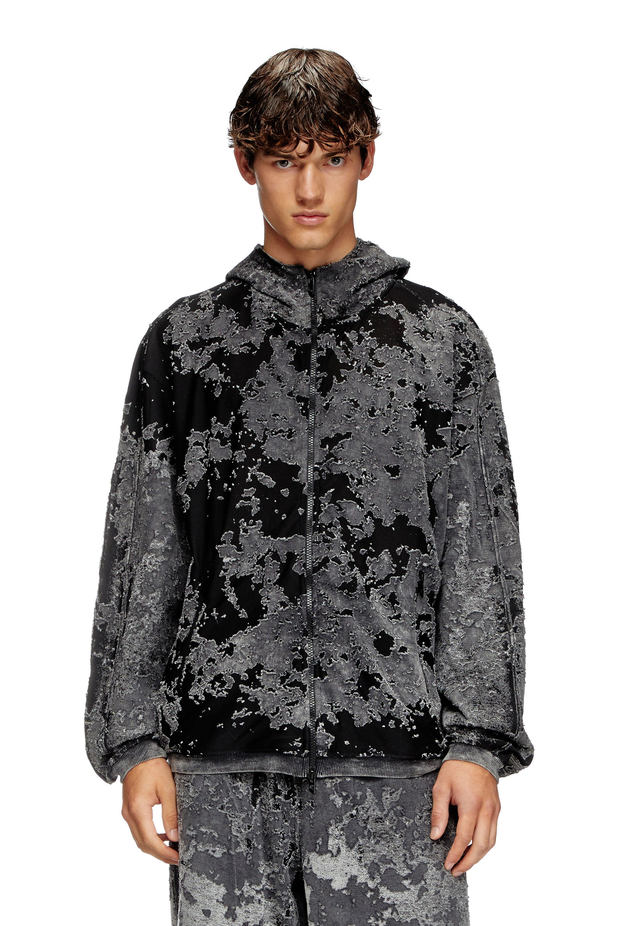 Diesel - S-IRTA, Herren Devoré-Hoodie mit Camouflage-Effekt in Schwarz - 1