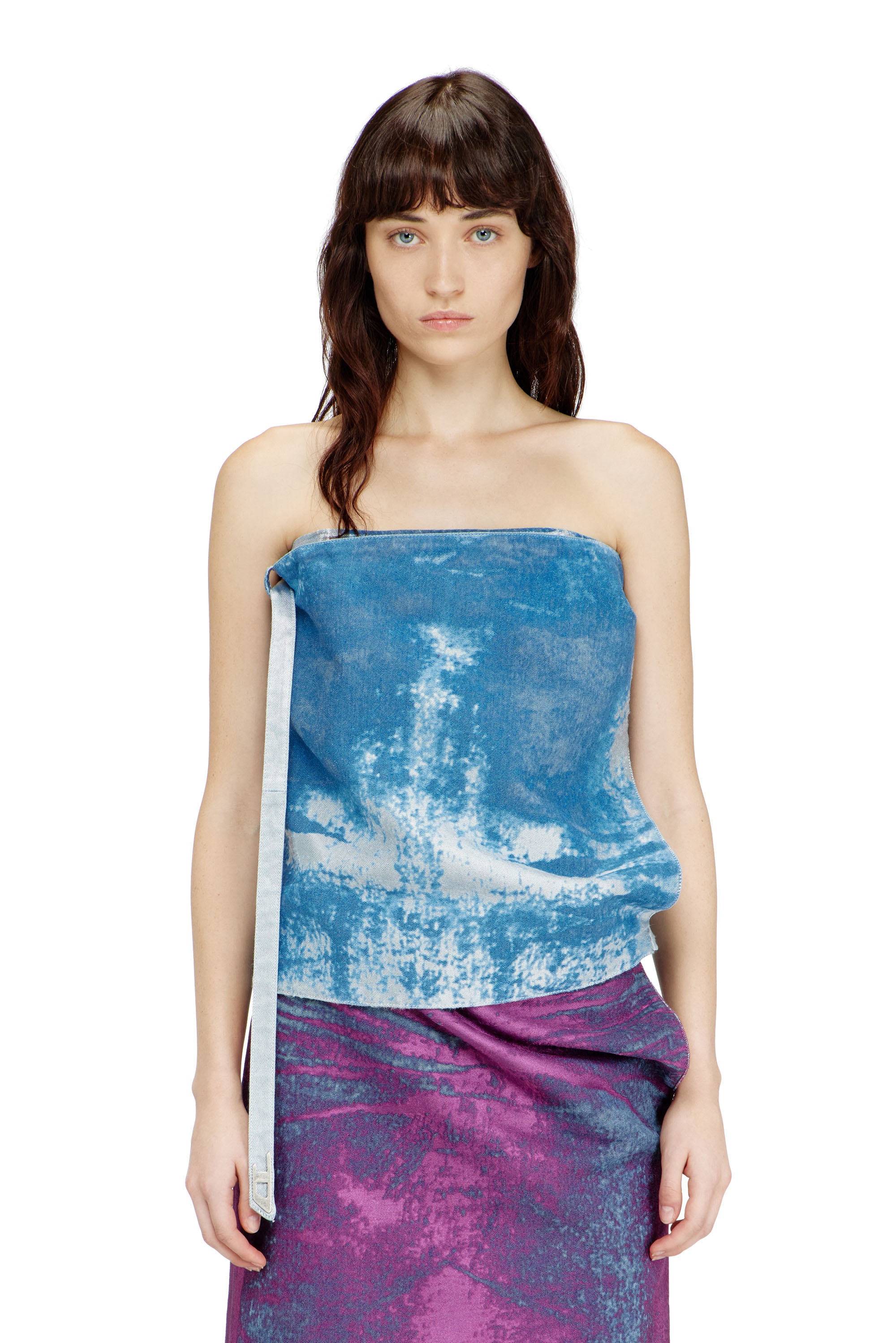 Diesel - DE-SANDIE-FSI, Damen &Auml;rmelloses Top aus farbigem Satinstoff-Denim in Blau - 1