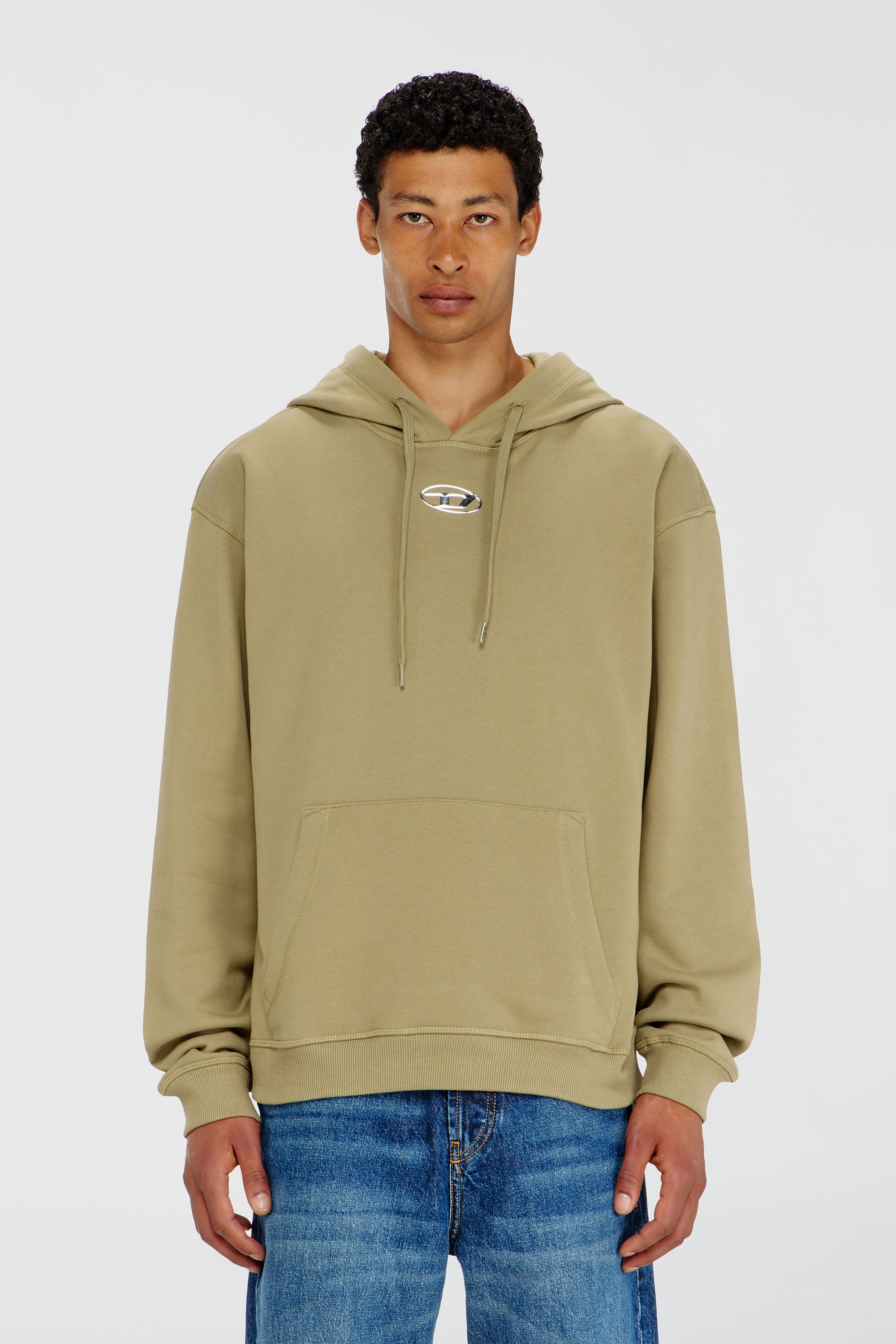 Diesel - S-NORM-HOOD-IOD, Herren Baumwoll-Hoodie mit metallischem Oval D in Olivgr&uuml;n - 1