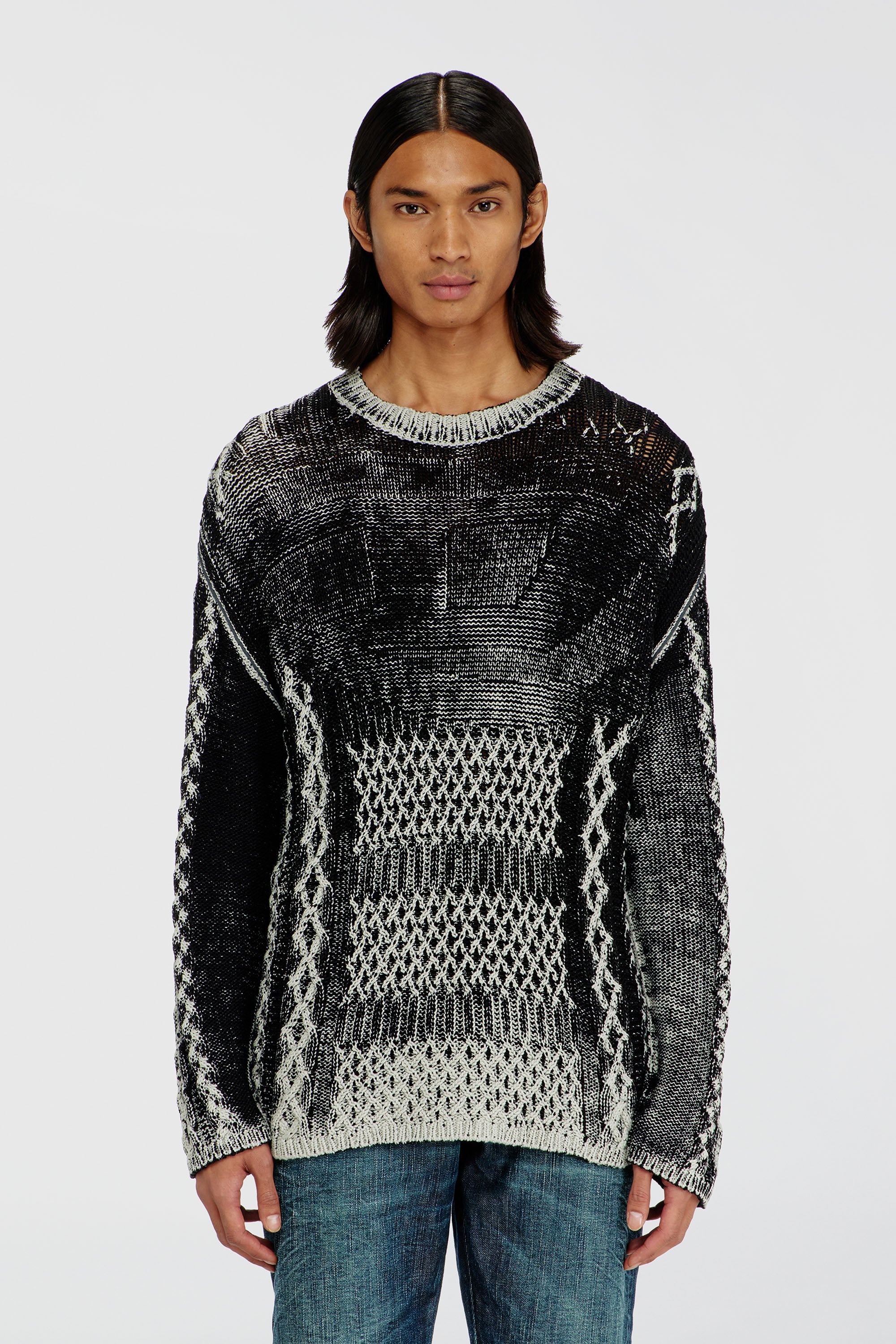 Diesel - K-MIONE, Herren Treated cable-knit Pullover in Grau/Schwarz - 1