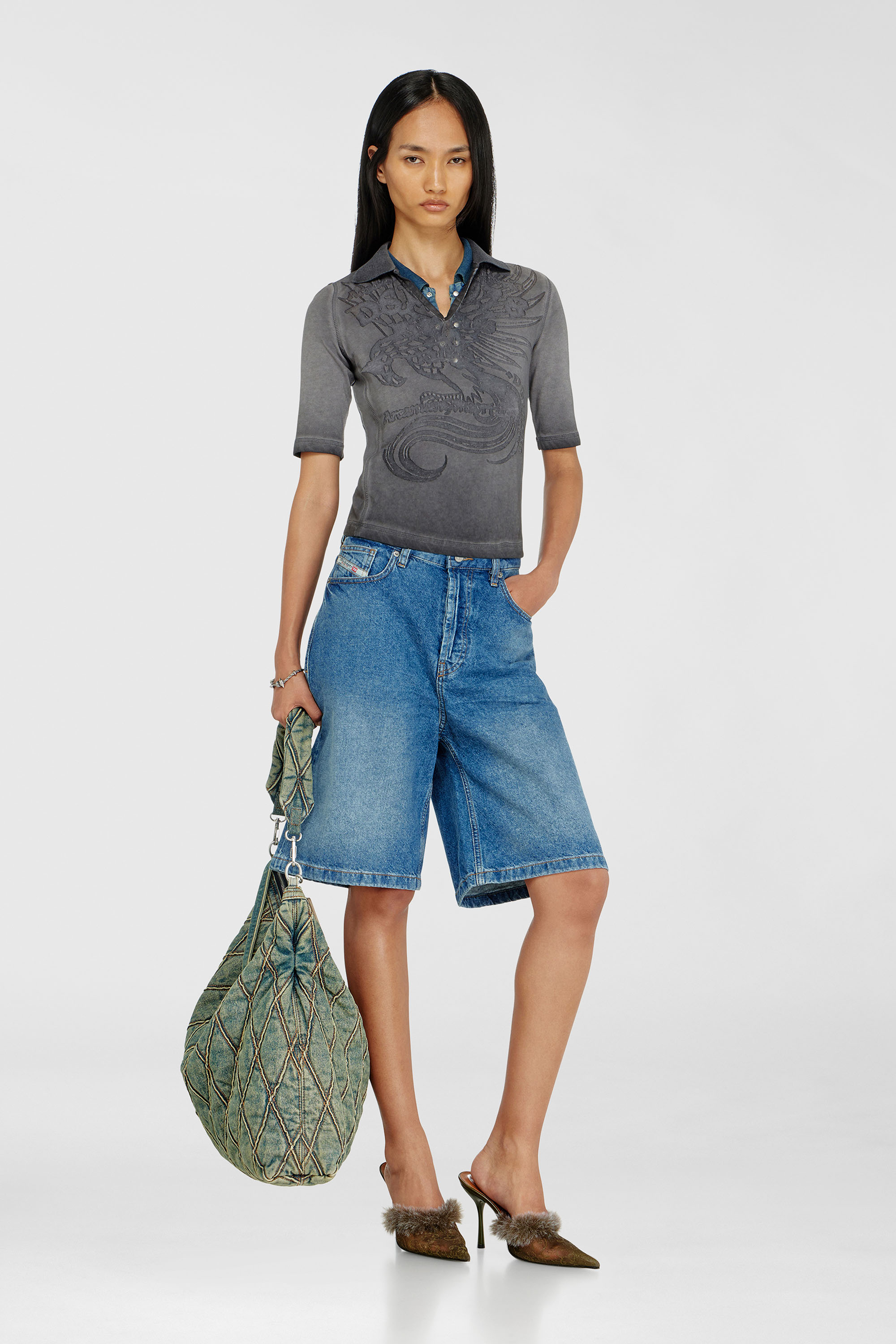 Diesel - T-BEA, Damen Slim-Poloshirt mit d&eacute;vor&eacute;-Print in Grau - 1