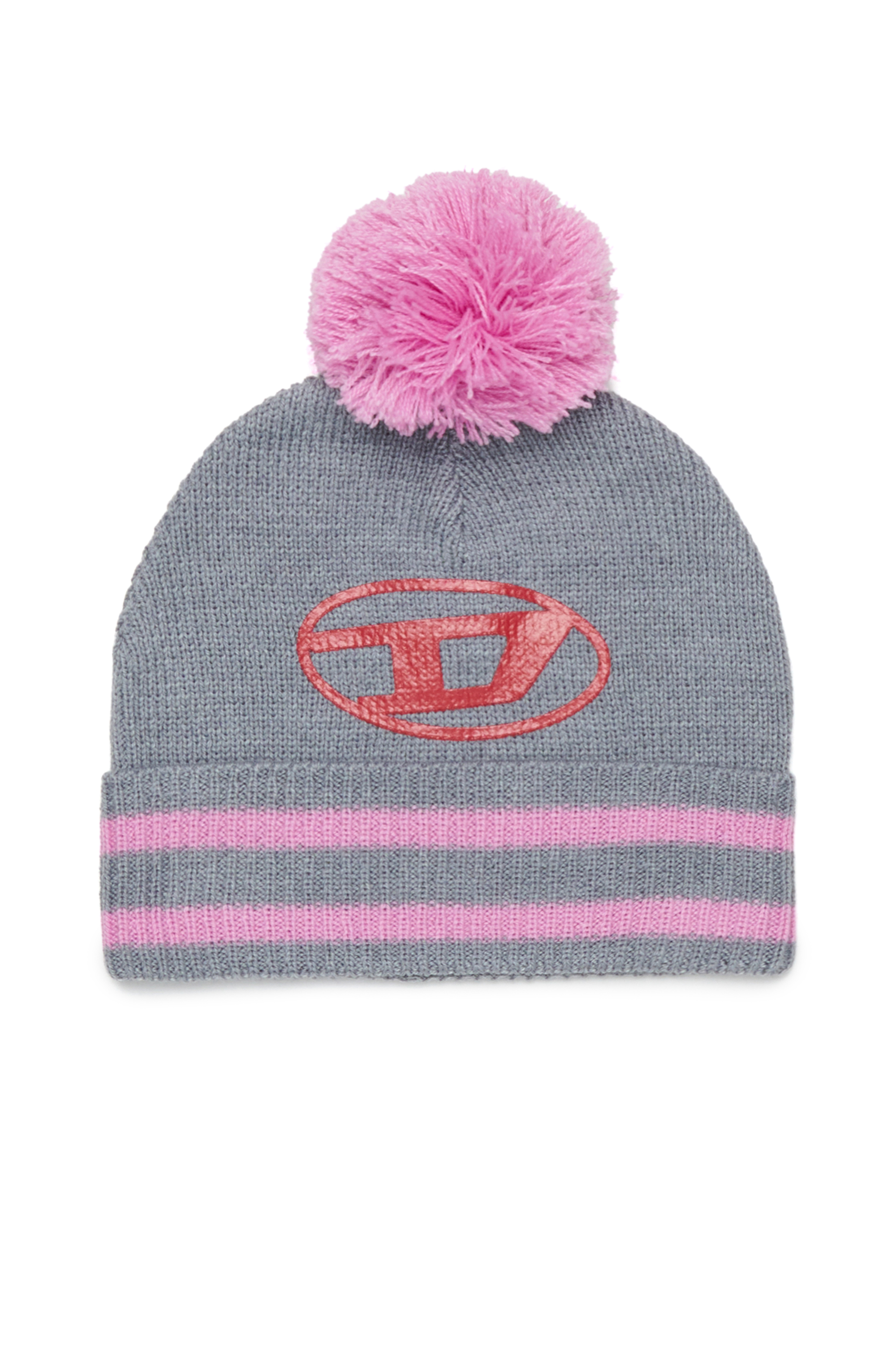 Diesel - FUTEEB, Unisex's Striped pom-pom beanie in wool blend in Grey/Pink - 1