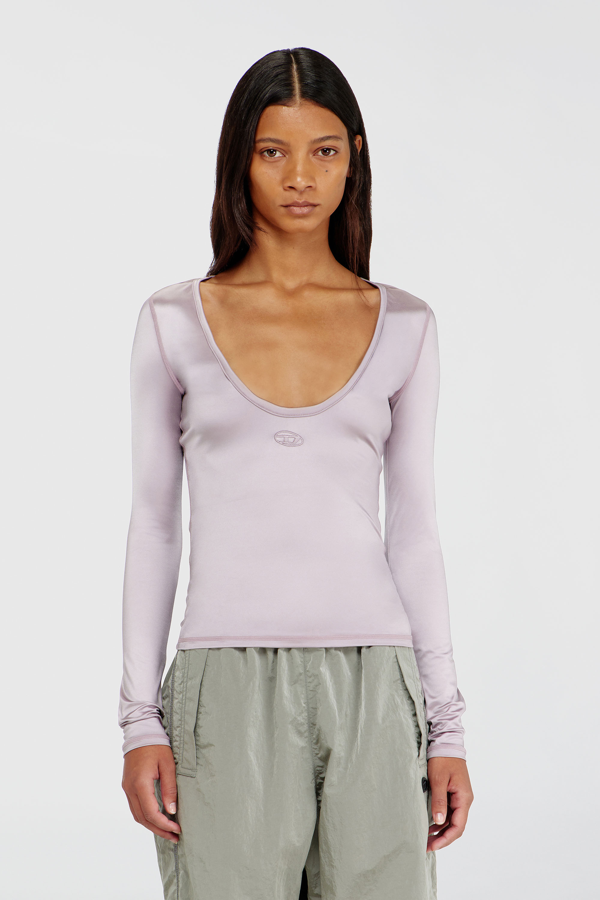 Diesel - T-ELPHIN-LS, Damen Nylon slim top mit Rundhalsausschnitt und Logo Oval D Stickerei in Lila - 1