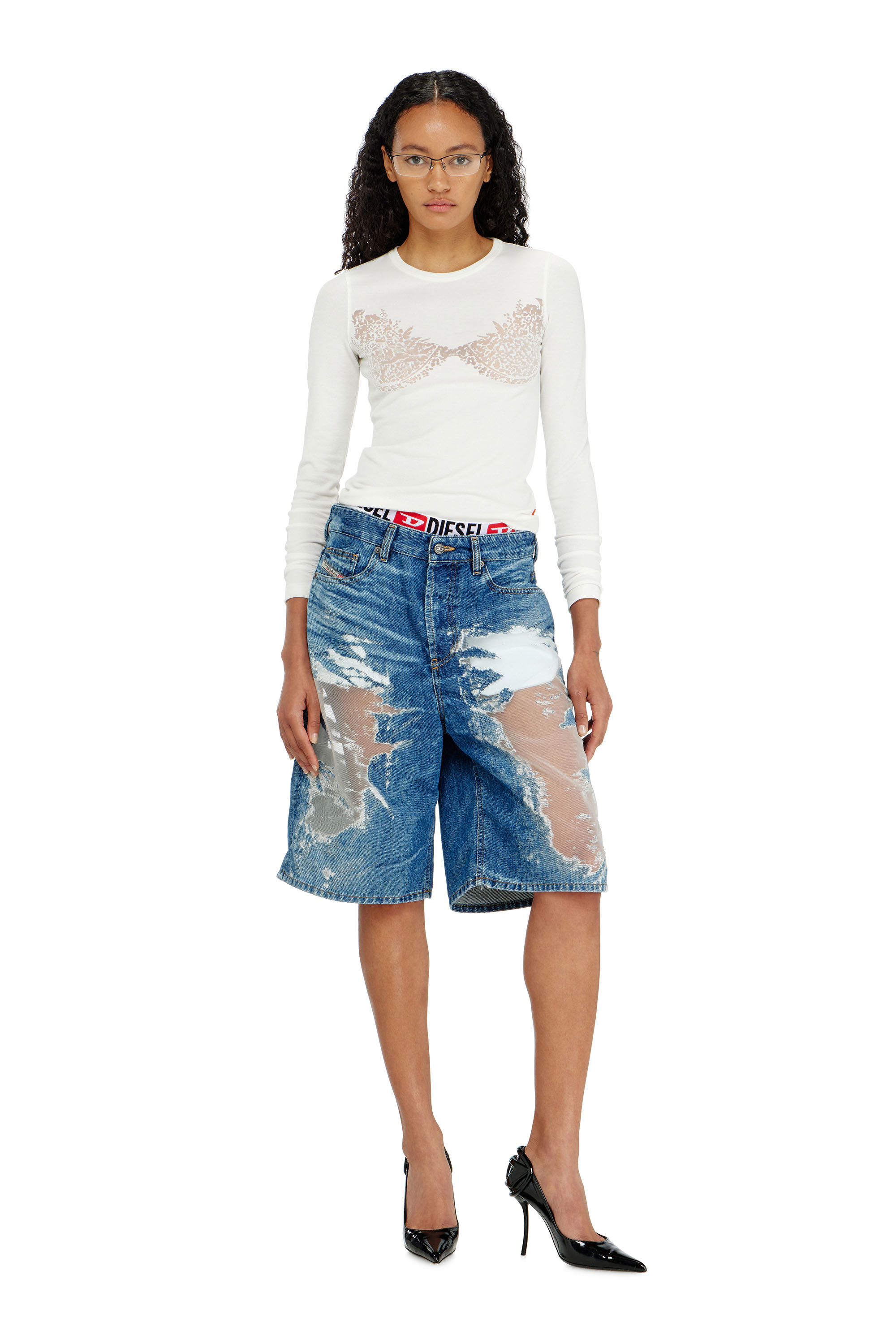 Diesel - PR-DE-SIRE-SHORT, Unisex Shorts aus devor&eacute;-denim in Mittelblau - 1