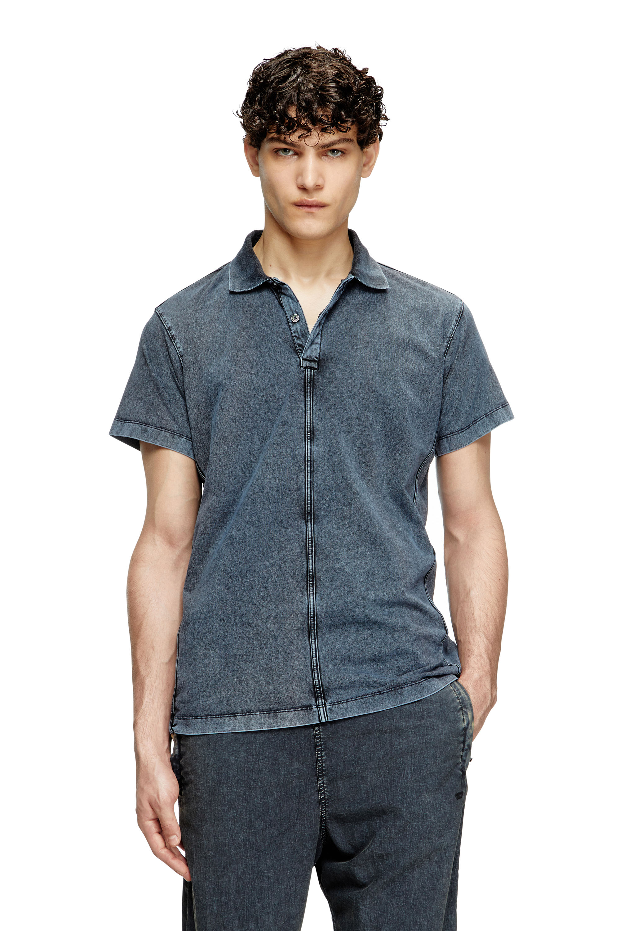 Diesel - T-NOMELY, Herren Poloshirt aus Jersey in Denim-Optik in Dunkelblau - 1