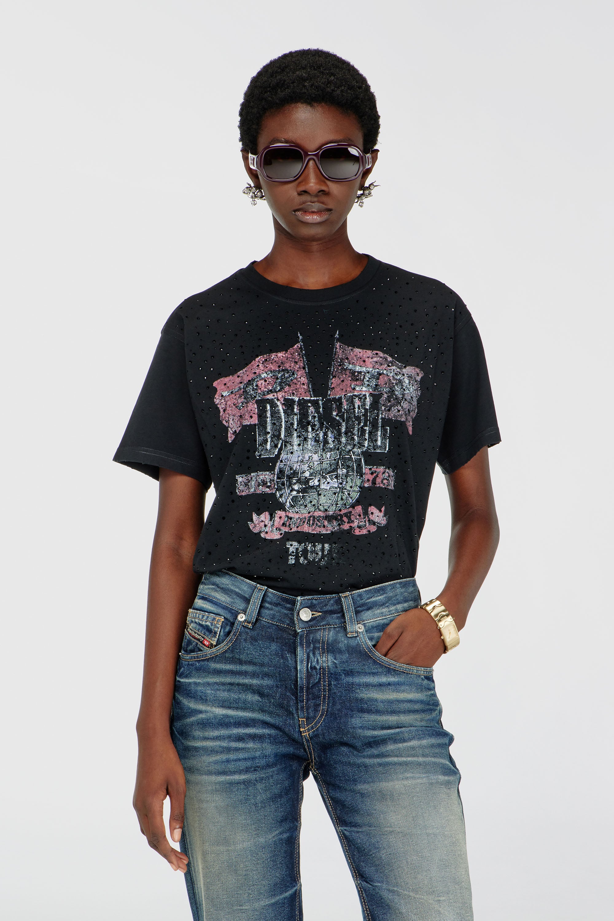 Diesel - T-MARLY, Damen T-Shirt mit Konzertgrafik und Kristallen in Schwarz - 1