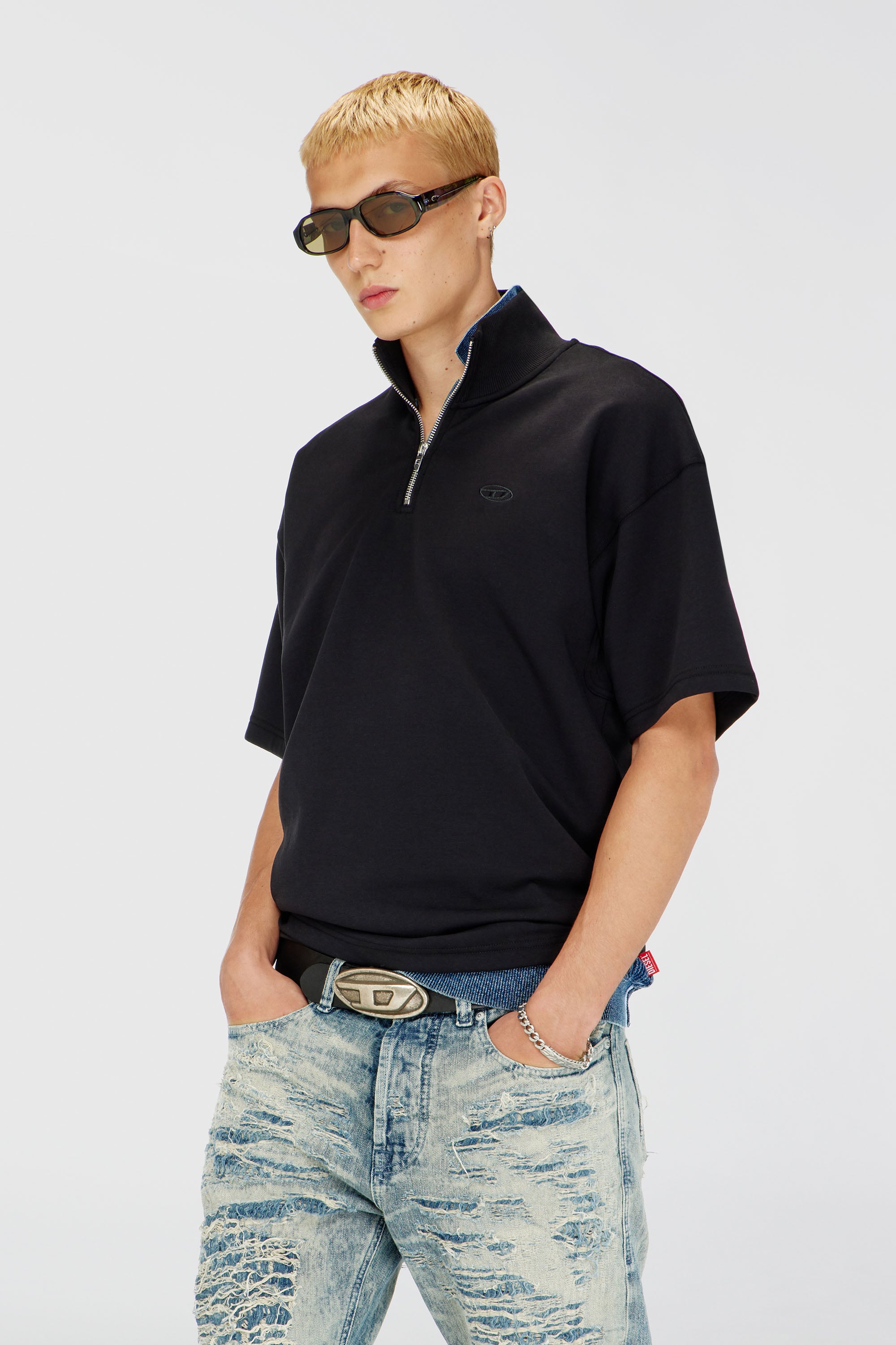 Diesel - S-CUBY, Herren Kurz&auml;rmliges Sweatshirt mit halbem zip aus leichtem Scuba in Schwarz - 1