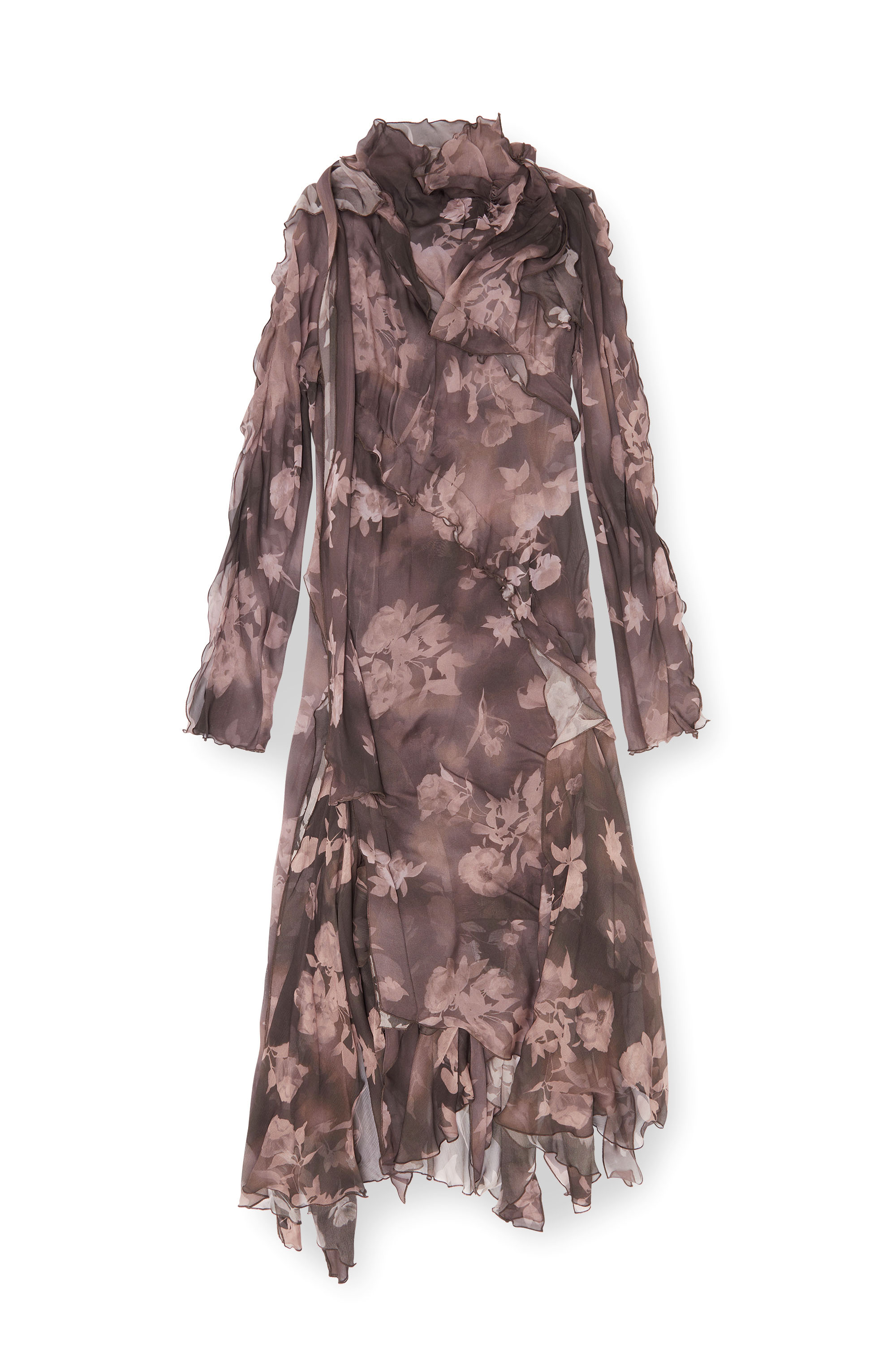 Diesel - D-RIADI, Damen Asymmetrisches Midikleid aus Chiffon und Seiden-Cr&ecirc;pe in Braun - 1