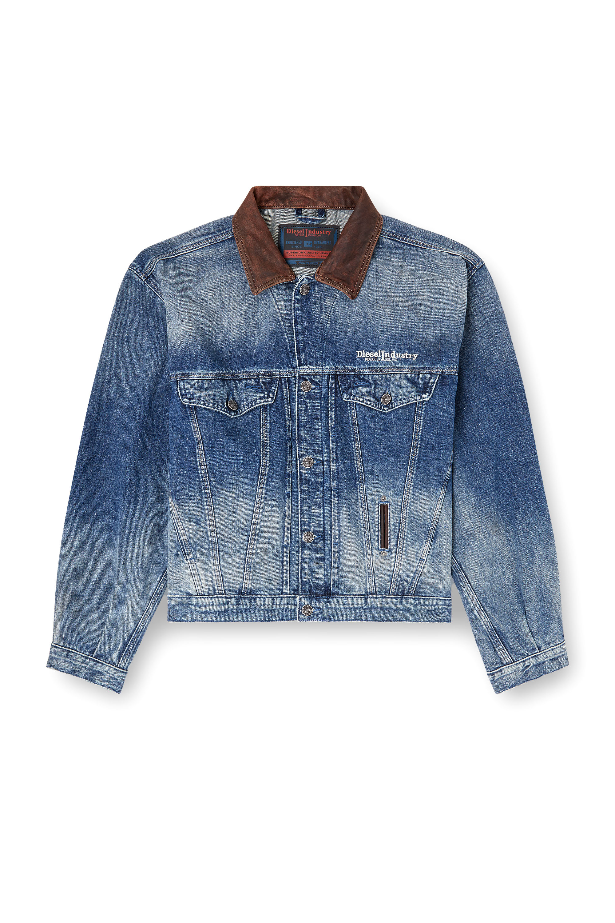 Diesel - D-DENVER-S1, Unisex Jeans-Truckerjacke mit kontrastierenden Lederbes&auml;tzen in Blau - 3