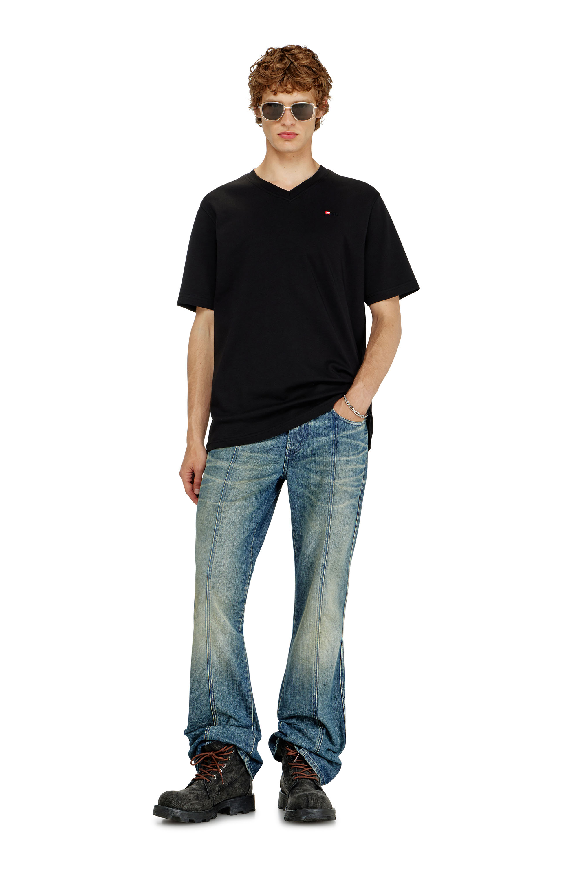 Diesel - T-ADJUST-V-MICRODIV, Man's V-neck T-shirt with micro logo embroidery in Black - 1