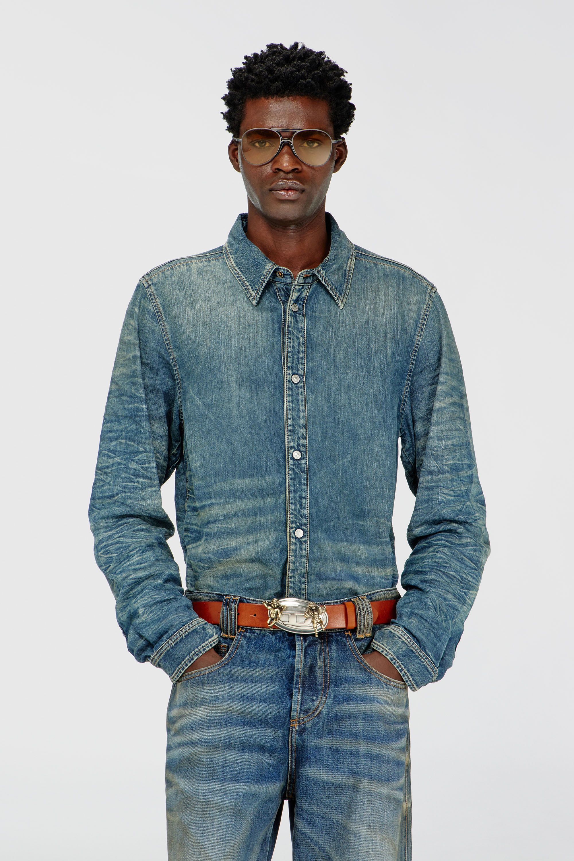 Diesel - D-SYNAR-FSJ4, Herren Hemd aus Denim mit Knitter- und Used-Effekt in Mittelblau - 1