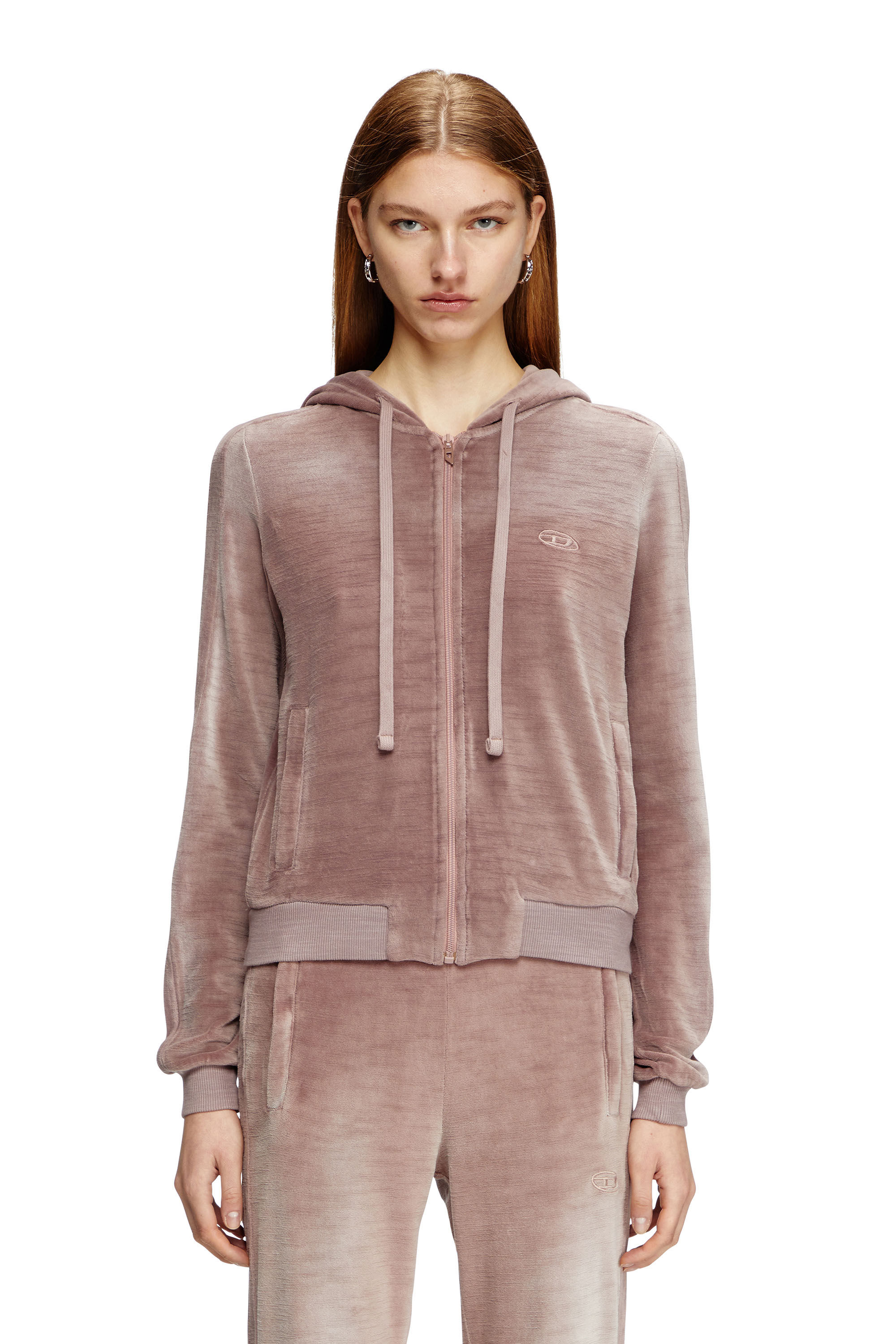 Diesel - F-ELY-Q1, Damen Hoodie mit Reißverschluss aus verblasster Chenille in Rosa - 1