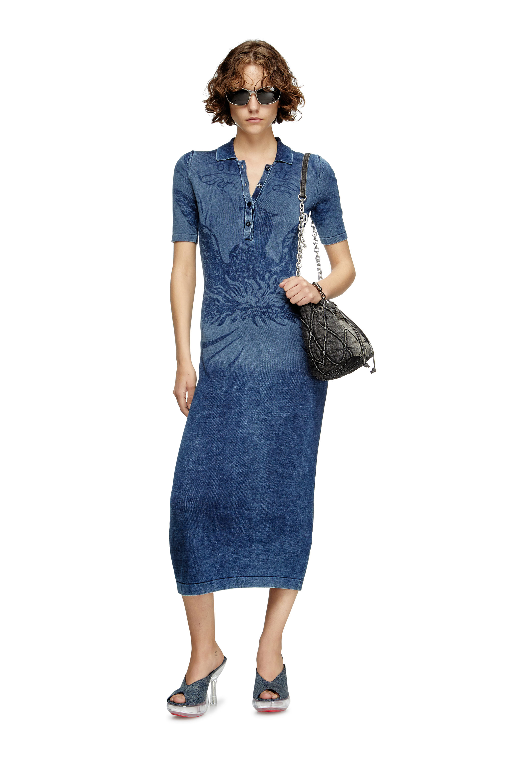 Diesel - M-FENNY-DRS, Damen Polo-Midi-Kleid im Denim-Effekt-Strick in Mittelblau - 1