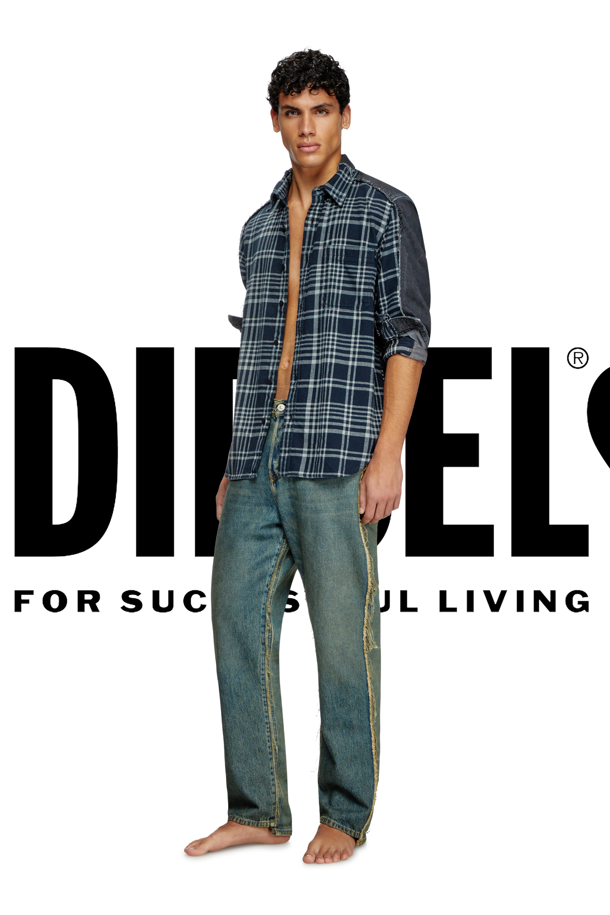 Diesel - Shirt Dieseloves 6B, Unisex Überfärbtes Karo- und Denim-Hemd in Blau/Schwarz - 3