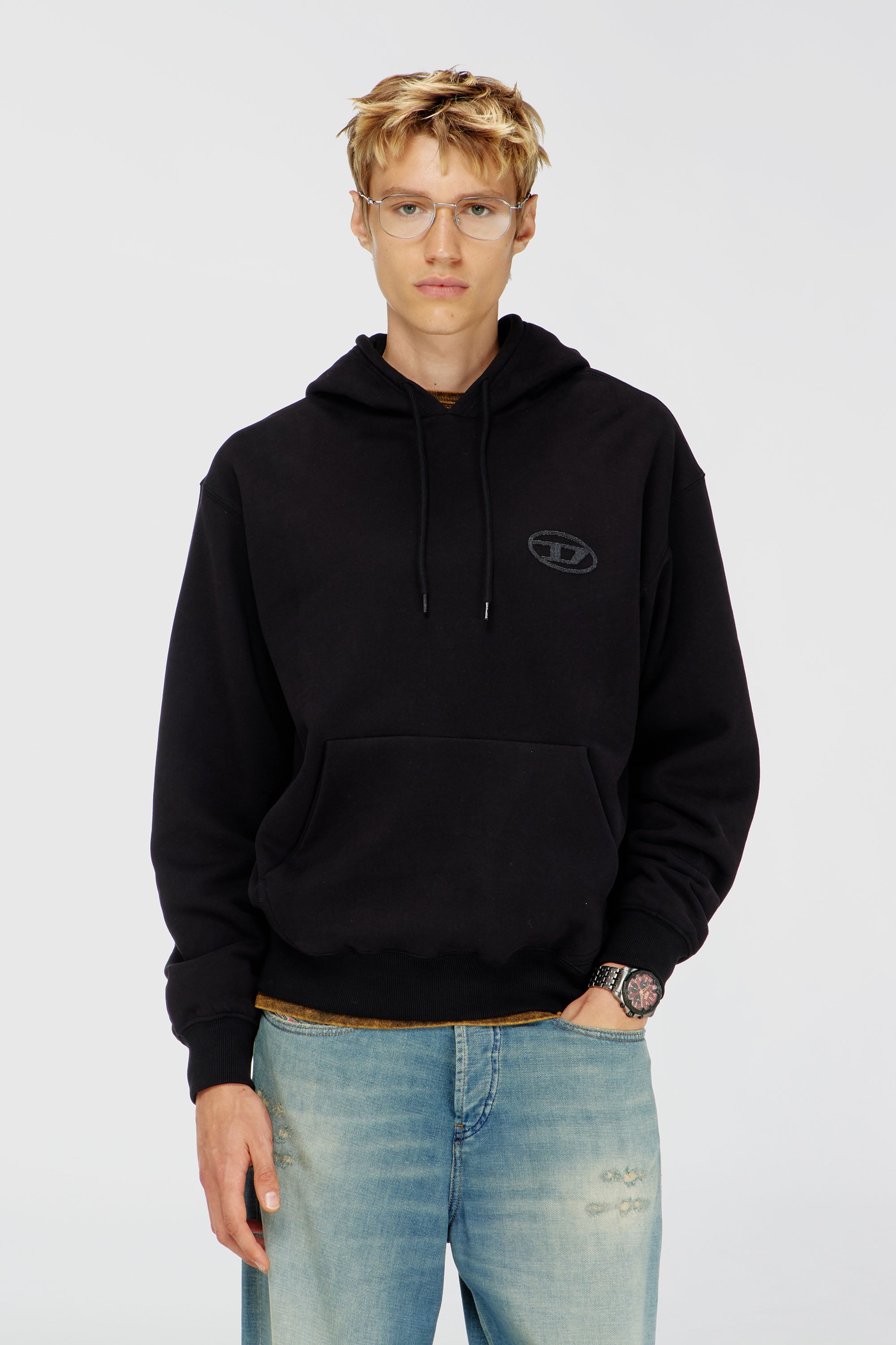 Diesel - S-LUK-H-T92, Herren Hoodie aus Baumwolle mit tonalem Oval D Logo-Stickerei in Schwarz - 1