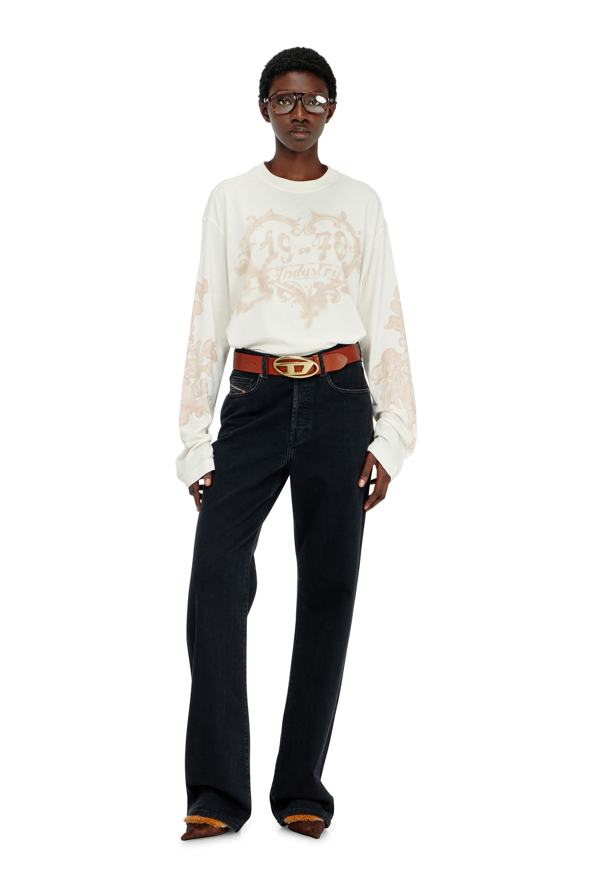 Diesel - T-HILARY-LS-AA1, Damen Langarmshirt aus Baumwolle mit Grafikprint in Weiss/Rosa - 1