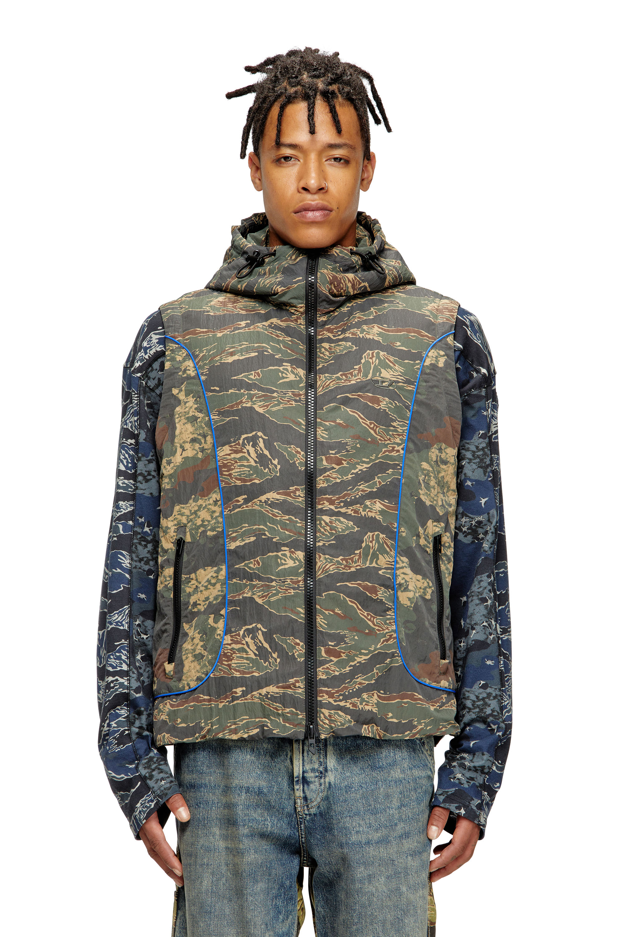 Diesel - J-OSTEND-SL-CAMU, Herren Weste mit Kapuze und gemischten Camo-Prints in Blau/Grün - 1
